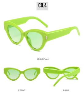 Fluoreszierende grüne Cat-Eye-Sonnenbrille mit Front-, Rück- und 45-Grad-Ansicht