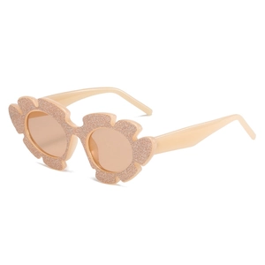 Sparkly glitter flower shaped sunglasses for girls with light brown lenses in beige