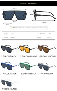 Detailed size chart and multi-color options for oversized shield flat top sunglasses