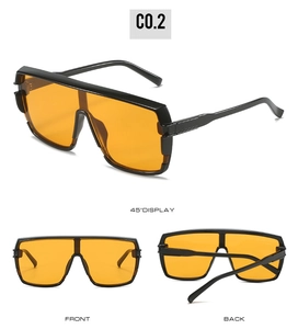 Multi-angle view of oversized flat top sunglasses with orange lenses and black frame