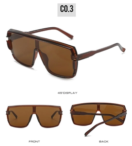 Three-angle display of amber flat top oversized sunglasses showing front and side views