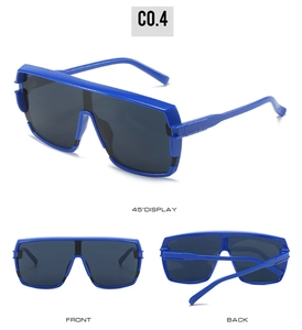 Detail view of large blue visor sunglasses showing front, back and 45 degree angles