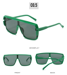 Flat top shield sunglasses in green frame and dark grey lenses with multi-angle views