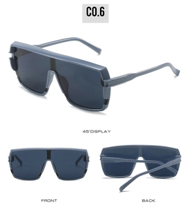 Deep grey oversized flat top sunglasses shown from front, back and 45-degree angles
