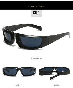 Lunettes de soleil sport Y2K argentées montrant trois angles et détails du modèle C0.1