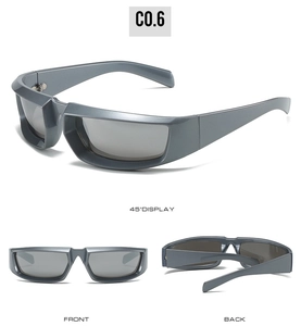 Trois vues de lunettes de soleil de sport Y2K argentées : face, arrière et angle de 45°