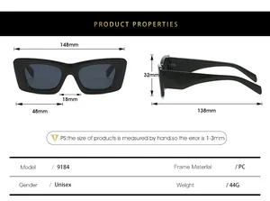Detailed size chart for black cat eye sunglasses showing frame width and lens height