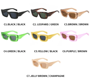 Detailed flat lay of narrow rectangular sunglasses in seven different retro color options