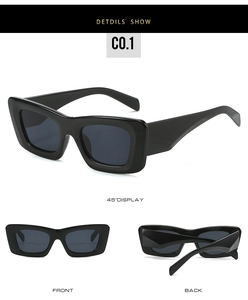 Detailed views of black rectangle cat eye sunglasses showing front and side profile