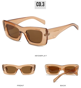 Detailed views of fashionable cat-eye sunglasses with thick amber frames and brown lenses