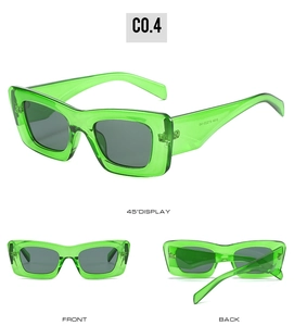 Three-view layout of retro green translucent square frame sunglasses with dark grey lenses