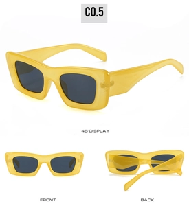 Multi-angle view of trendy cat-eye sunglasses with translucent yellow frames and dark lenses