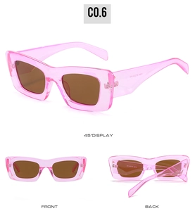 Detailed views of stylish pink rectangle sunglasses with brown lenses from multiple angles
