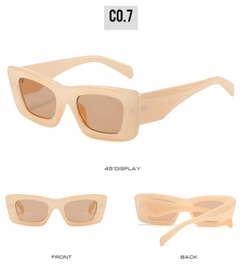 Detail view of stylish nude square sunglasses with thick frames and brown tinted lenses