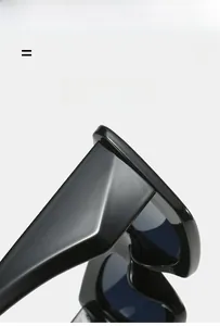 Detail of the thick black frame sunglasses showing the durable hinge and glossy finish