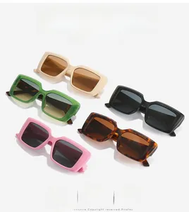 Flat lay of rectangular sunglasses in cream, green, black, pink, and tortoiseshell colors