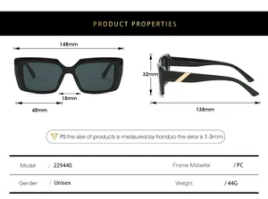 Detailed sizing chart and technical specifications for square frame sunglasses model 229440