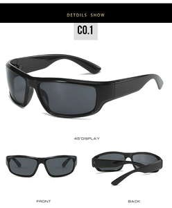 Mehrere Ansichten der Vorder- und Rückseite einer schwarzen quadratischen Sportsonnenbrille