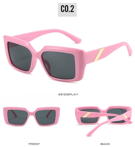 Three views of pink square sunglasses with metal accents and dark grey lenses