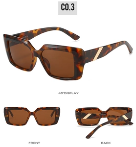 Detail of tortoise shell rectangular sunglasses featuring golden metal accents and UV400 lenses