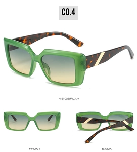 Detailed views of square green sunglasses with tortoise temples and metal trim