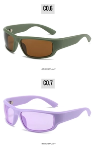 Detailansicht im 45-Grad-Winkel: Sportliche Sonnenbrille in Militärgrün und Hellviolett