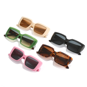 Five pairs of vintage rectangular thick frame sunglasses in various vibrant colors