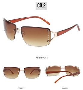 Detailed views of rimless gradient brown sunglasses with crystal rhinestone accents