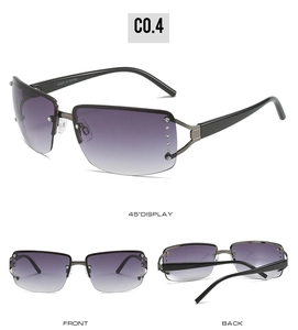 Macro view of rimless rectangular sunglasses with purple gradient lenses and rhinestones