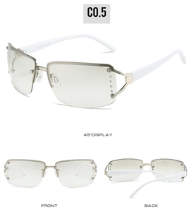 Detail view showing rhinestone embellishments and silver metal frame on frameless sunglasses