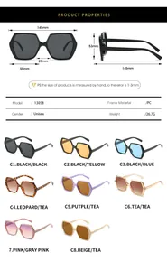 Detailed size chart and technical specifications for hexagonal fashion sunglasses