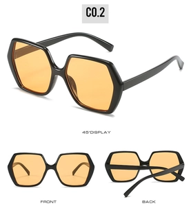 Three-angle display of hexagonal sunglasses with black frames and orange lenses