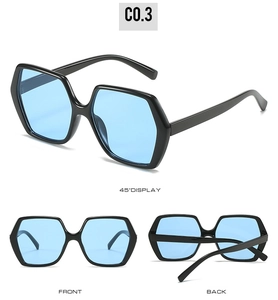 Three-way view of hexagonal sunglasses with black frame and blue translucent lenses
