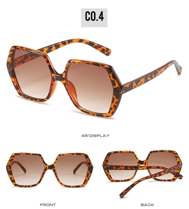 Three views of hexagonal tortoiseshell sunglasses with brown gradient lenses