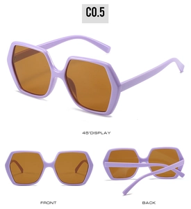 Detailed views of purple hexagonal oversized sunglasses showing front and side angles