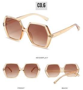Three-way display of champagne hexagon sunglasses with gradient lenses and CE mark