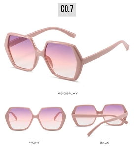 Multi-angle view of pink hexagonal sunglasses featuring gradient purple lenses and frame details