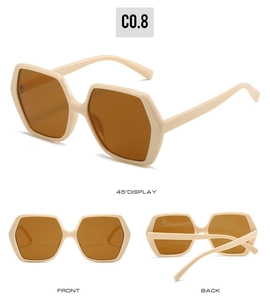 Three-angle view of beige hexagonal sunglasses with stylish brown resin lenses