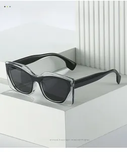 Detail of trendy thick cat-eye sunglasses with unique dual-layer clear and black frame