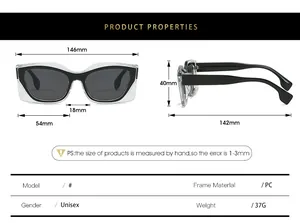 Detailed size chart for cat eye sunglasses showing frame dimensions and PC material specs