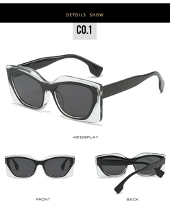Detailed three-dimensional view of thick cat-eye sunglasses with dual-layered frames
