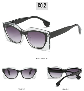 Three perspectives of retro cat eye sunglasses with thick frames and purple gradient lenses