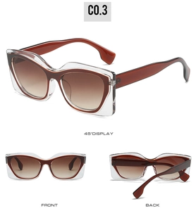 Detailed front and back views of cat-eye sunglasses with double-layered transparent frames