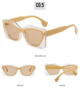 Three views of chunky cat-eye sunglasses with amber lenses and dual-layer frames