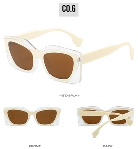 Three-angle view of oversized cat-eye sunglasses with thick white frames and brown lenses