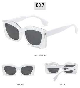 Three-angle display of white cat eye sunglasses with thick frames and dark lenses