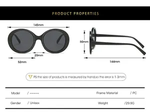 Detailed size chart for retro round sunglasses featuring PC frame dimensions and weight