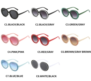 Matrix display of round retro sunglasses in eight glittery frame color options