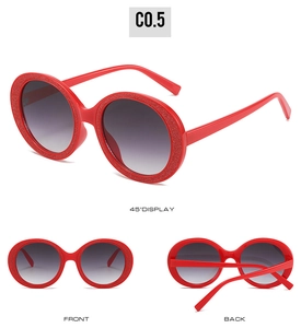 Three-angle view of red round glitter sunglasses with sparkling texture and gradient lenses