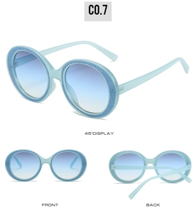 Three-angle view of round glitter sunglasses with blue gradient lenses in blue finish